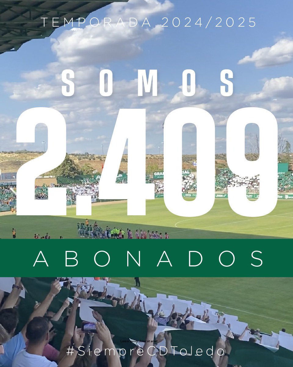 ¡Buenísimos días, verdiblancos! Ya somos 𝟮.𝟰𝟬𝟵 abonados 🤩

☺️ ¿Y si llegamos a 2️⃣.5️⃣0️⃣0️⃣ antes de que acabe el mes?

📲 ¡Abónate en las oficinas o en cdtoledo.compralaentrada.com! 

#SiempreCDToledo 💚⚪️