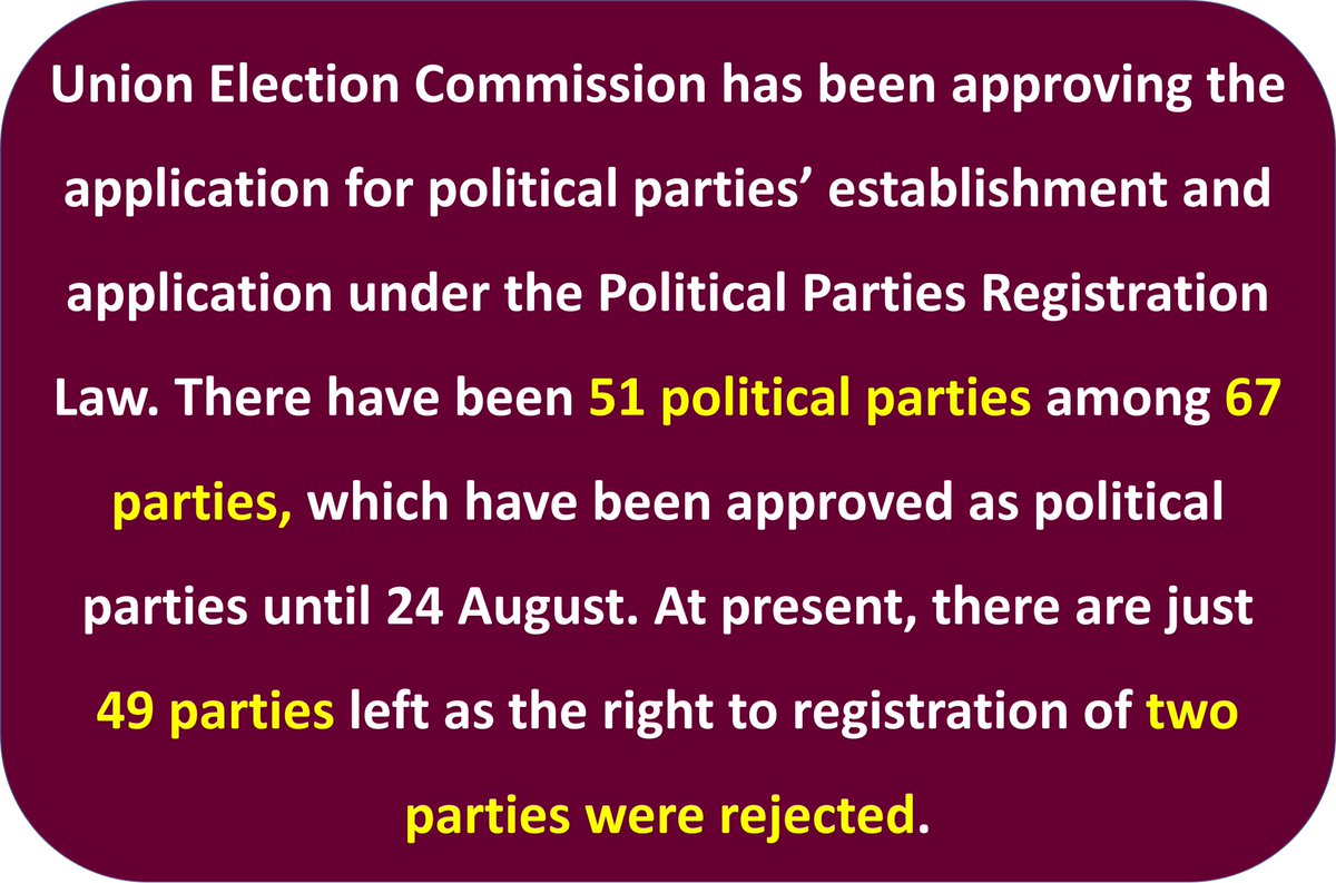 ViewsofMM22's tweet photo. Union Election Commission has been approving the application for political parties’ establishment and application under the Political Parties Registration Law. #WhatsHappeningInMyanmar #Myanmar @ViewsofMM22 https://t.co/7XuiZY25hc