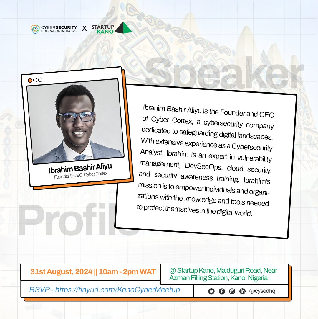 cysedHQ's tweet photo. We're having @binbash__ as a speaker at the #CyberMeetup.

He's the Founder &amp; CEO of @cybercortex_, a #cybersecurity company focused on securing digital assets and very keen on cyber empowerment. https://t.co/byPocTXqpb