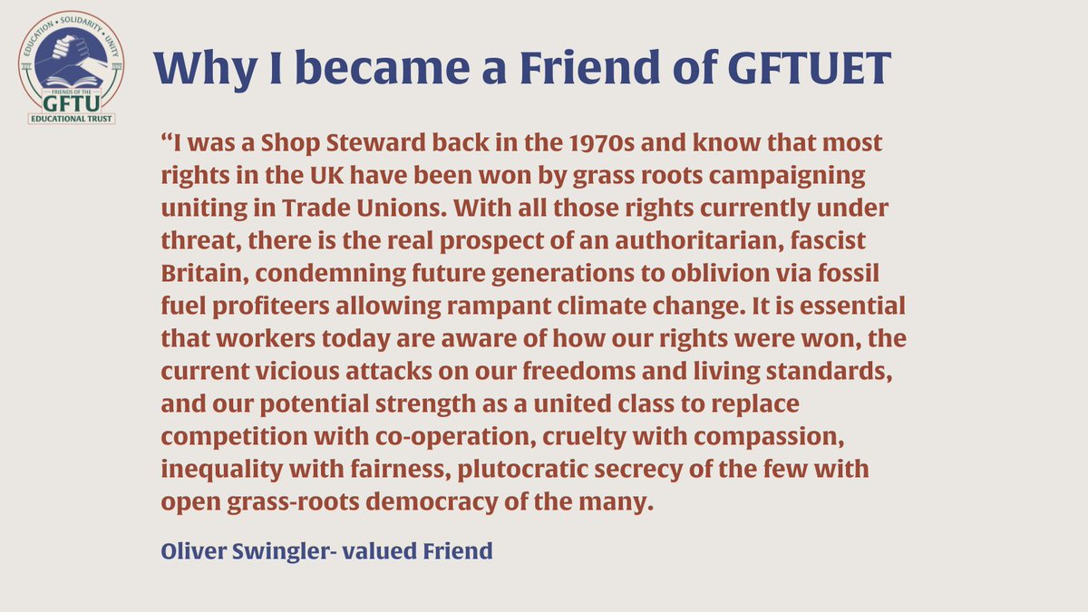 GFTUET's tweet photo. “I know that most rights in the UK have been won by grass roots campaigning uniting in Trade Unions.”
🤝Your monthly donation ensures a direct impact on our educational initiatives.
✅Help us to make a positive impact - https://t.co/urFG3jToxl
#GFTUET #FriendsofET https://t.co/Cxo4wEHizW