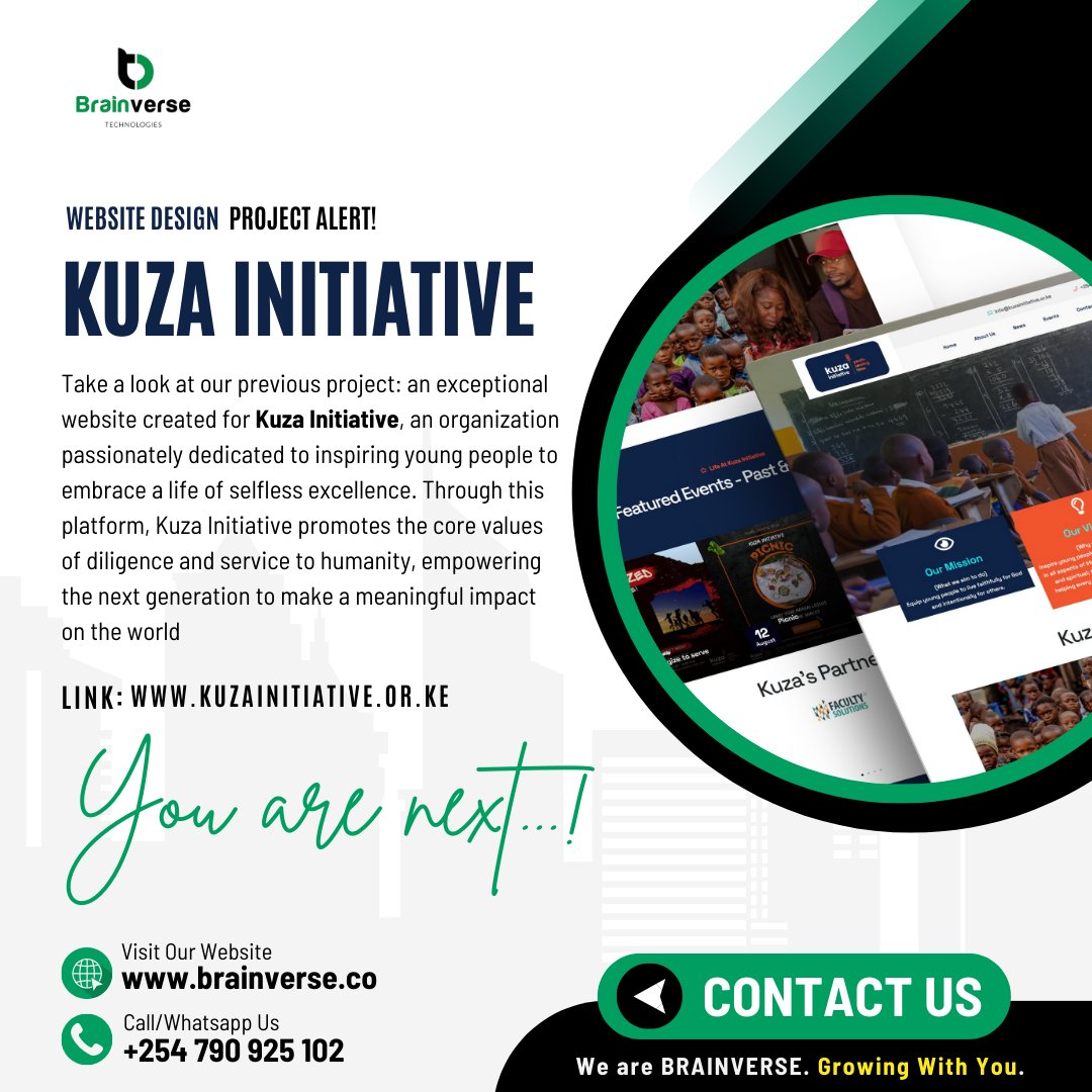 We take pride in creating seamless, intuitive websites that offer exceptional user experience.🚀Kuza Initiative  is a testament to our commitment to blending creativity with functionality👌🤓. 
#Webdesign #wevdevelopment #bybrainverse