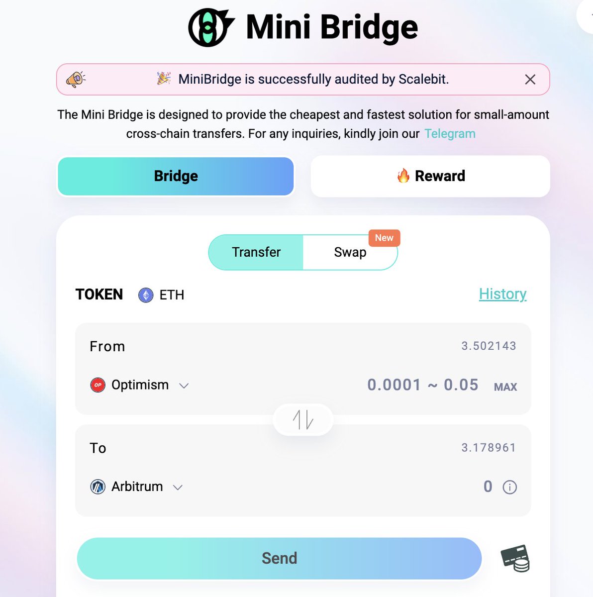 Chaineye_tools's tweet photo. 🎉 We are thrilled to announce that Mini Bridge has released a new version with 

1⃣ New look
2⃣ Higher transfer limit(1ETH)
3⃣ Audit report

10 X 10$USDT reward 
- retweet &amp;like &amp; leave EVM address
- bridge using Mini Bridge in the next 24h

https://t.co/wC0filGWkq https://t.co/iAQQJoKY1J