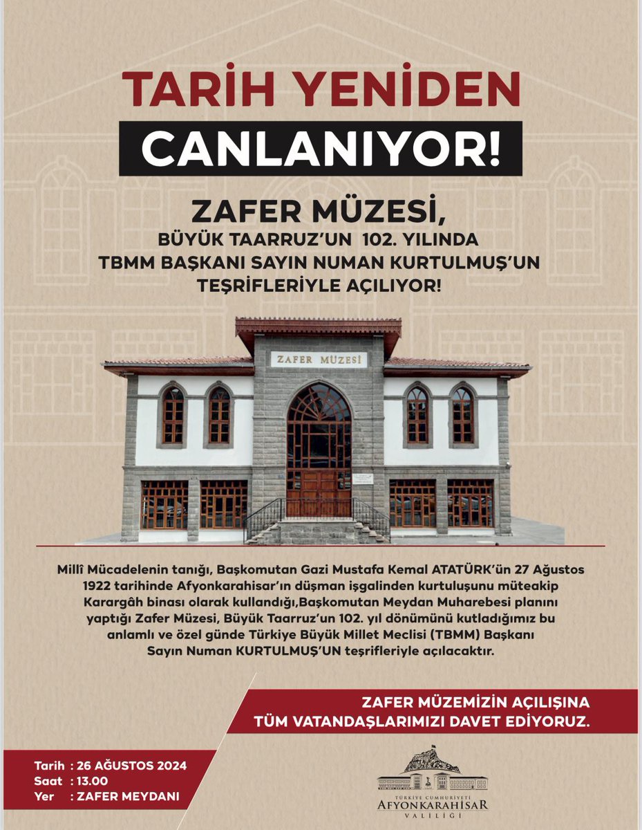 #zaferinkilidiafyonkarahisar Afyonkarahisar'ın düşman işgalinden kurtuluşunu simgeleyen ve Başkomutan Mustafa Kemal Atatürk tarafından karargah olarak kullanılan Zafer Müzesi bugün açılıyor.