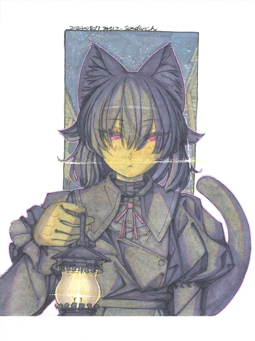【アナログ2169:目を開けて眠ったまま徘徊する黒猫】どこへ向かっているのかは分からない。この色紙は時々水をはじく部分が出来てしまうことがあって、大抵の場合は隅の方だったんだけど、今回は中央に出てしまった。こうなると修正はできないので、背景の光の一部として処理。#水彩 #原画 #狐娘 