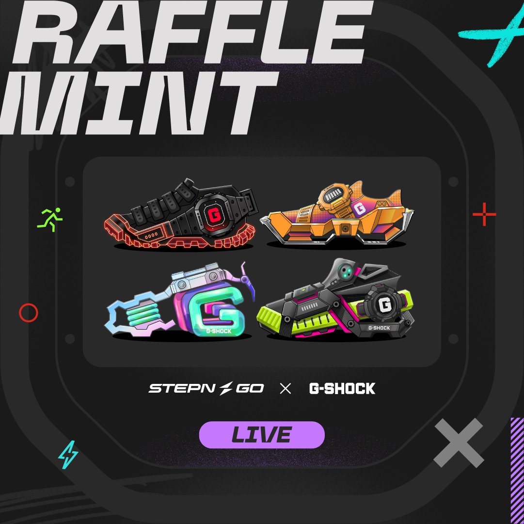 Stepnofficial's tweet photo. 🚨 STEPN GO x G-SHOCK Raffle Mint is LIVE! 🚨

You can now enter the raffle on @mooarofficial and try to snag the first-ever STEPN GO Genesis Sneakers, inspired by the famous G-SHOCK collection! 🌟

👉 https://t.co/K7jHcCYtbF
👟 800 co-branded Genesis Sneakers
🎟️ 10,000 GMT per ticket
⌚️ 4 iconic designs inspired by G-SHOCK’s legendary G-SQUAD series

Be quick, the Raffle Mint ends on August 30, 0:00 AM UTC!

Check this tweet for more details: 
https://t.co/JyDl79VkHl

STEPN GO x G-SHOCK: Time to Move

@GShock_US @VIRTUALGSHOCK @VIRTUALGSHOCKJP