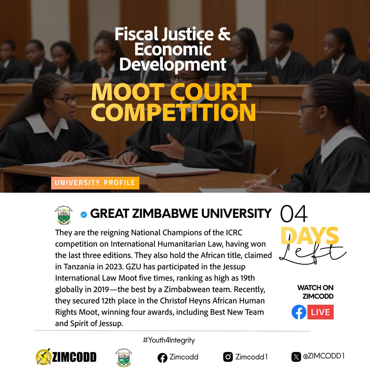 0️⃣4️⃣ Days Left!

We're counting down to the Fiscal Justice &amp; Economic Development Moot Court Competition on 30 August 2024!

One of the participating teams, <a href="/GreatZimUni/">Great Zimbabwe University</a> is the reigning National Champion of the ICRC Competition on International Humanitarian Law, holding both