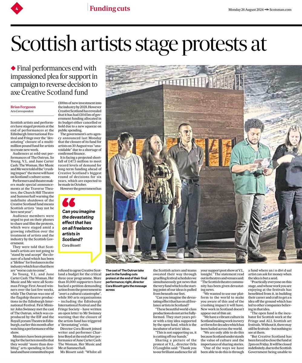 cora bissett (@corabissett) on Twitter photo Front page today folks. Keep sharing, keep up the visibility, Keep tagging. Thankyou. <a href="/gridirontheatre/">Grid Iron Theatre Co</a> <a href="/Summerhallery/">Summerhall</a> <a href="/VPointTheatreCo/">Vanishing Point</a> <a href="/RAWMaterialArts/">Raw Material</a> <a href="/lyceumedinburgh/">The Lyceum</a> <a href="/thetraverse_/">Trav</a> <a href="/_CFTA/">Campaign for the Arts</a> <a href="/equityglasgow/">@EquityGlasgow</a>
<a href="/EquityUK/">Equity</a> Front page today folks. Keep sharing, keep up the visibility, Keep tagging. Thankyou. <a href="/gridirontheatre/">Grid Iron Theatre Co</a> <a href="/Summerhallery/">Summerhall</a> <a href="/VPointTheatreCo/">Vanishing Point</a> <a href="/RAWMaterialArts/">Raw Material</a> <a href="/lyceumedinburgh/">The Lyceum</a> <a href="/thetraverse_/">Trav</a> <a href="/_CFTA/">Campaign for the Arts</a> <a href="/equityglasgow/">@EquityGlasgow</a>
<a href="/EquityUK/">Equity</a>