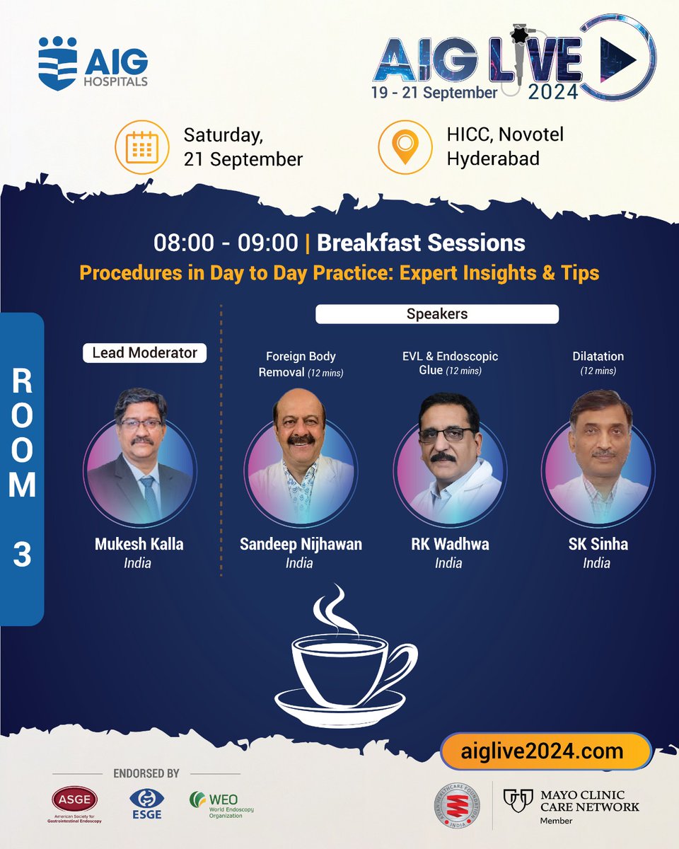 AIGHospitals's tweet image. #AIGLIVE2024 Breakfast Sessions | Great opportunity to learn the tips &amp;amp; tricks of #GIEndoscopy in a closed group setup. From understanding nuances #ImageGuided endoscopy, #Electrosurgical unit to #SEMS placement and Snares &amp;amp; Knives, these sessions will offer invaluable learnings