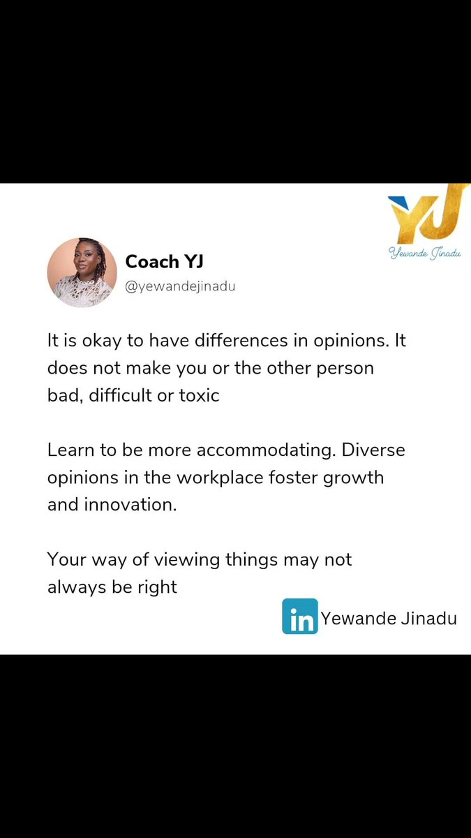 yewandejinadu's tweet photo. As someone looking to build a successful career, it's important to embrace differences in opinions.

I wish you all the best in the new week💫

#coachyj #careercoach #workplacetips #careertip https://t.co/d88LNNCGuY