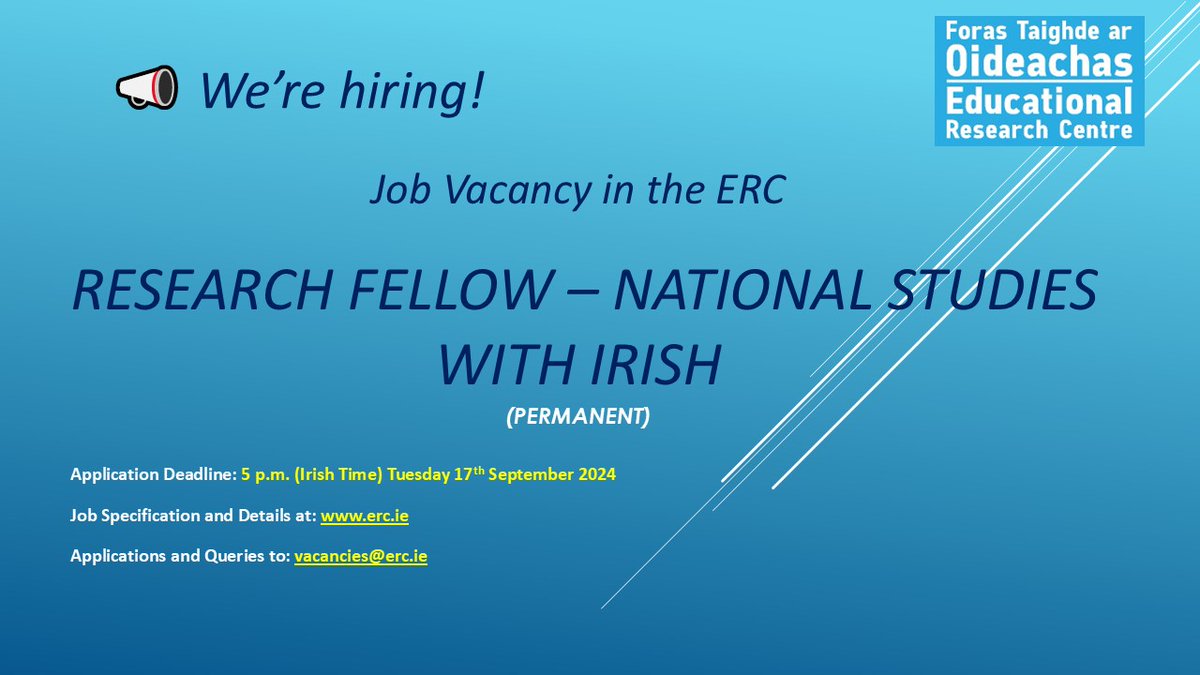 🚨We’re hiring!
RESEARCH FELLOW – NATIONAL STUDIES (with Irish), Permanent Post
Click 👉 bit.ly/3X85mfo for the recruitment booklet &amp; info on how to apply.
DEADLINE FOR APPLICATIONS: 5.00 p.m. Tuesday, 17/09/24.
Applications and Queries to: vacancies@erc.ie