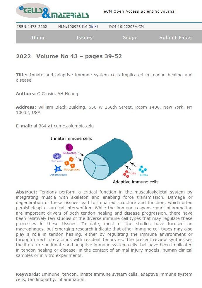 gan_aries's tweet photo. #eCM 
📢Paper sharing  from @eCM_Journal 

📖Title:"Innate and adaptive immune system cells implicated in tendon healing and disease"

👏Welcome to your reading!
https://t.co/04eypJRaQZ

#Immune #Tendon #tendinopathy #inflammation https://t.co/F31nelopNC