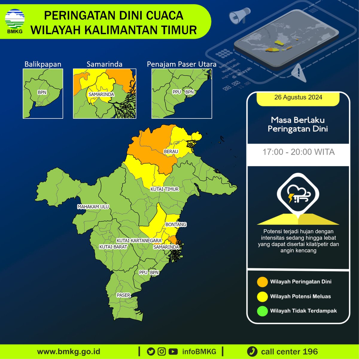 infoBMKG's tweet photo. Update Peringatan Dini Cuaca Wilayah - Kalimantan Timur Tgl. 26 Agustus 2024 pkl. 17:00 WITA
Prakirawan - BMKG - Kalimantan Timur
https://t.co/A3gur0WWkC https://t.co/xgwmweE97W