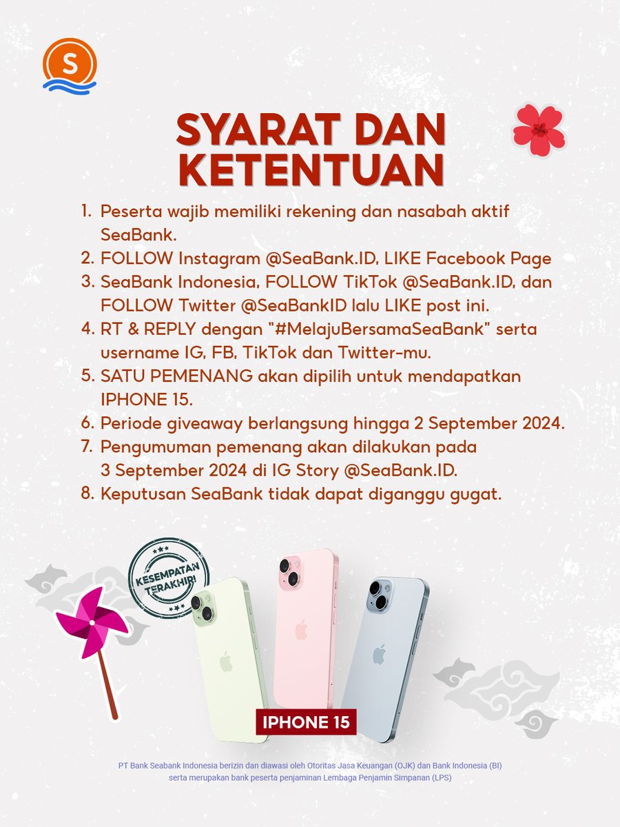 SeaBankID's tweet photo. KESEMPATAN TERAKHIR: IPHONE 15 🔥
FOLLOW &amp; MENANGKAN!

Caranya cuma:
1. FOLLOW &amp; LIKE semua Sosmed SeaBank
2. RT &amp; REPLY "#MelajuBersamaSeaBank" serta username semua Sosmedmu

JANGAN SAMPE KETINGGALAN!

Selengkapnya CEK di slide ke 2! 🤗 https://t.co/JzBi0CWlTB
