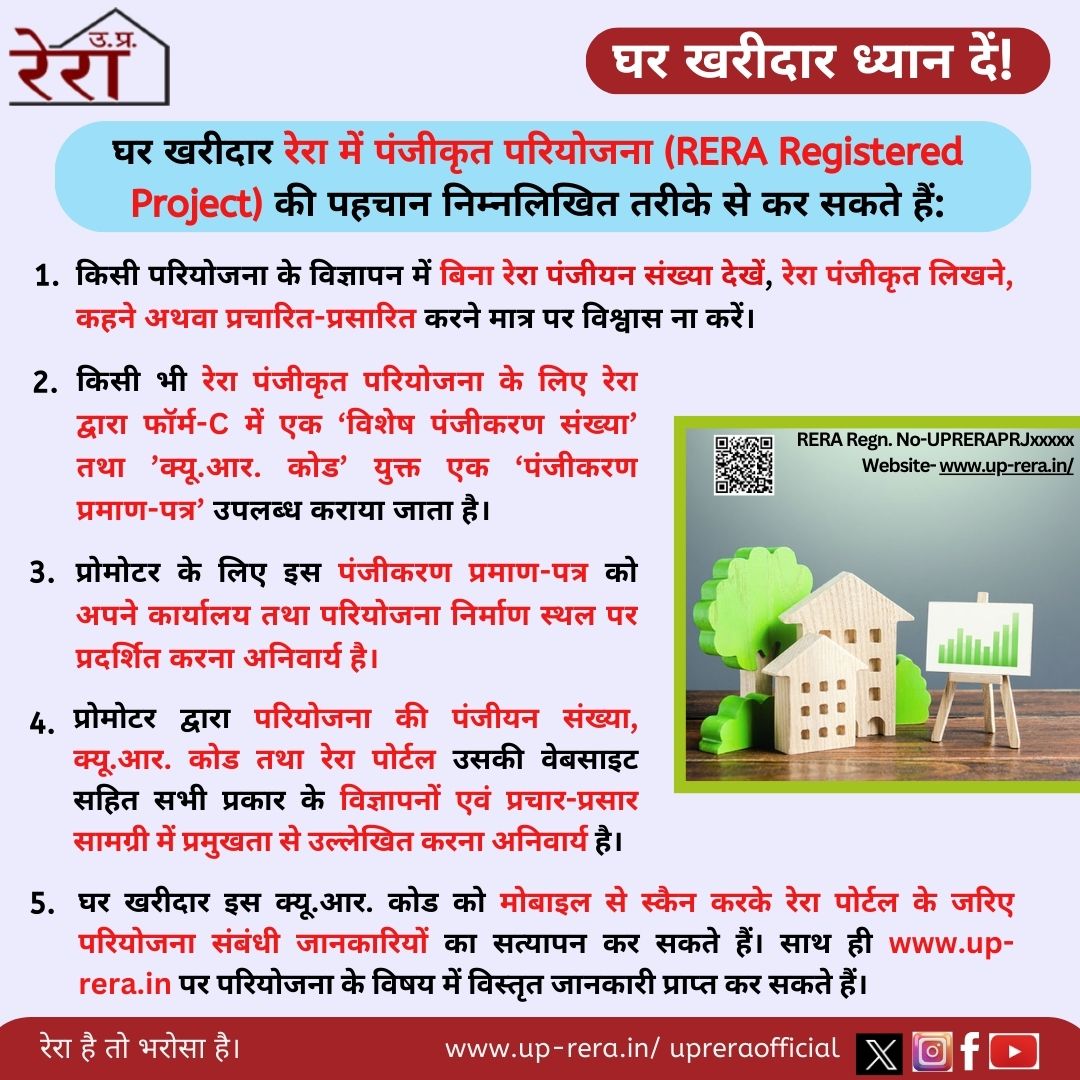 UPRERAofficial's tweet photo. घर खरीदारों को रेरा पंजीकृत परियोजना में ही विक्रय करना चाहिए। पंजीकृत परियोजनाओं की जानकारी हेतु विज्ञापनों में अनिवार्य रूप से जारी किये जाने वाले पंजीयन सँ. तथा क्यू.आर. कोड की सहायता लेनी चाहिए व सत्यापन रेरा पोर्टल से अवश्य करना चाहिए।
#UPRERA #QRcode #RERAregisteredproject https://t.co/QGFFFbCBys