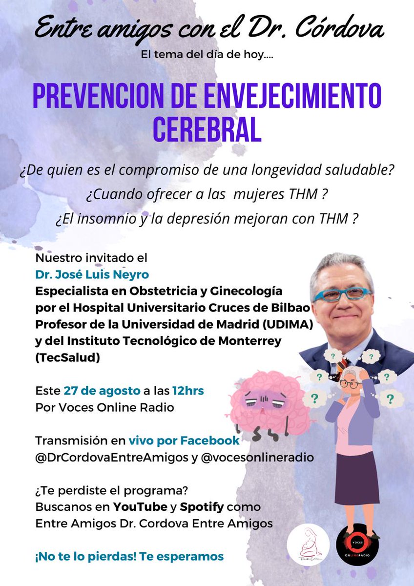 doctorneyro's tweet photo. ¿Tienes algo mejor que hacer #mañana a las #20horas, que escuchar sobre la #prevención del #envejecimientocerebral?
Estaremos en directo a través de @facebook por @DrCordovaEntreAmigos y @vocesOnlineRadio
Seguro que te va a interesar...
https://t.co/BhWEi3hm8A https://t.co/0Md1UmVXlw