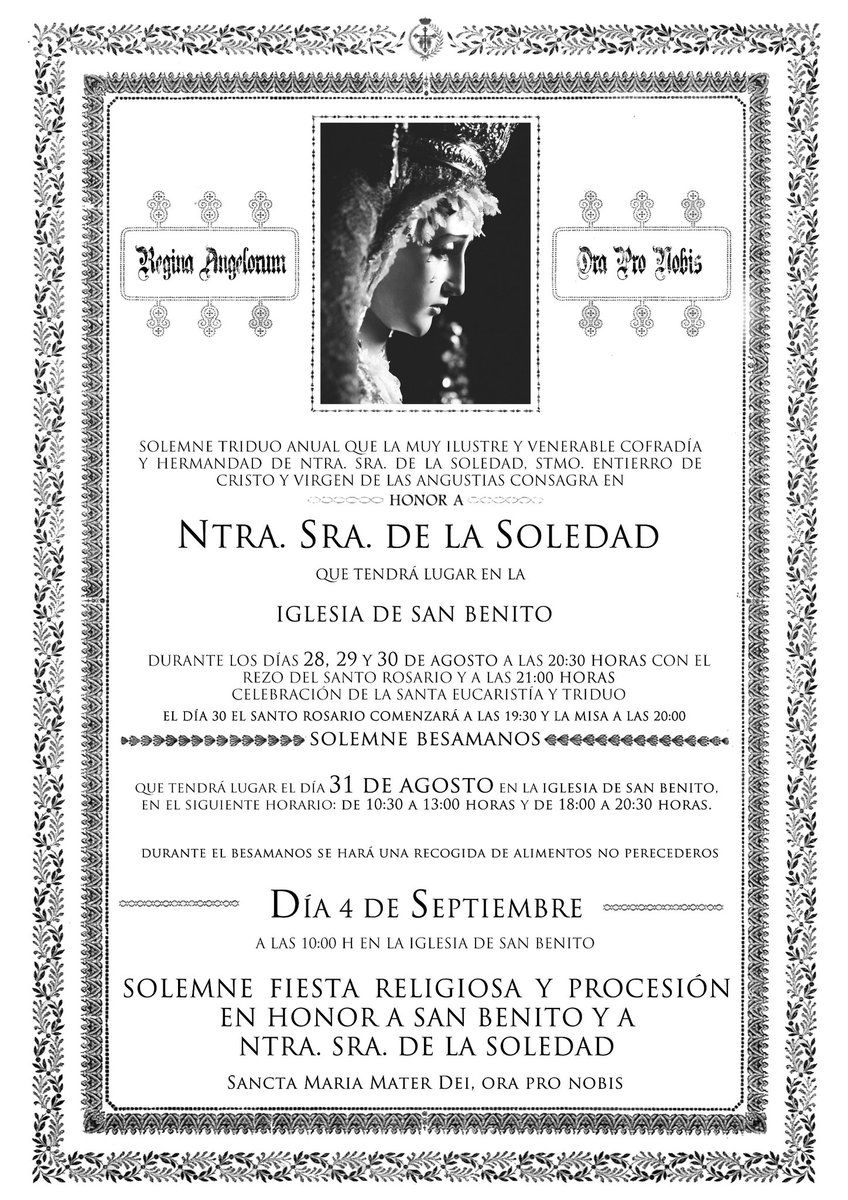 Hdad_Soledad's tweet photo. Solemne Triduo anual a Ntra. Sra. de la Soledad. https://t.co/nw7pxbiF8y