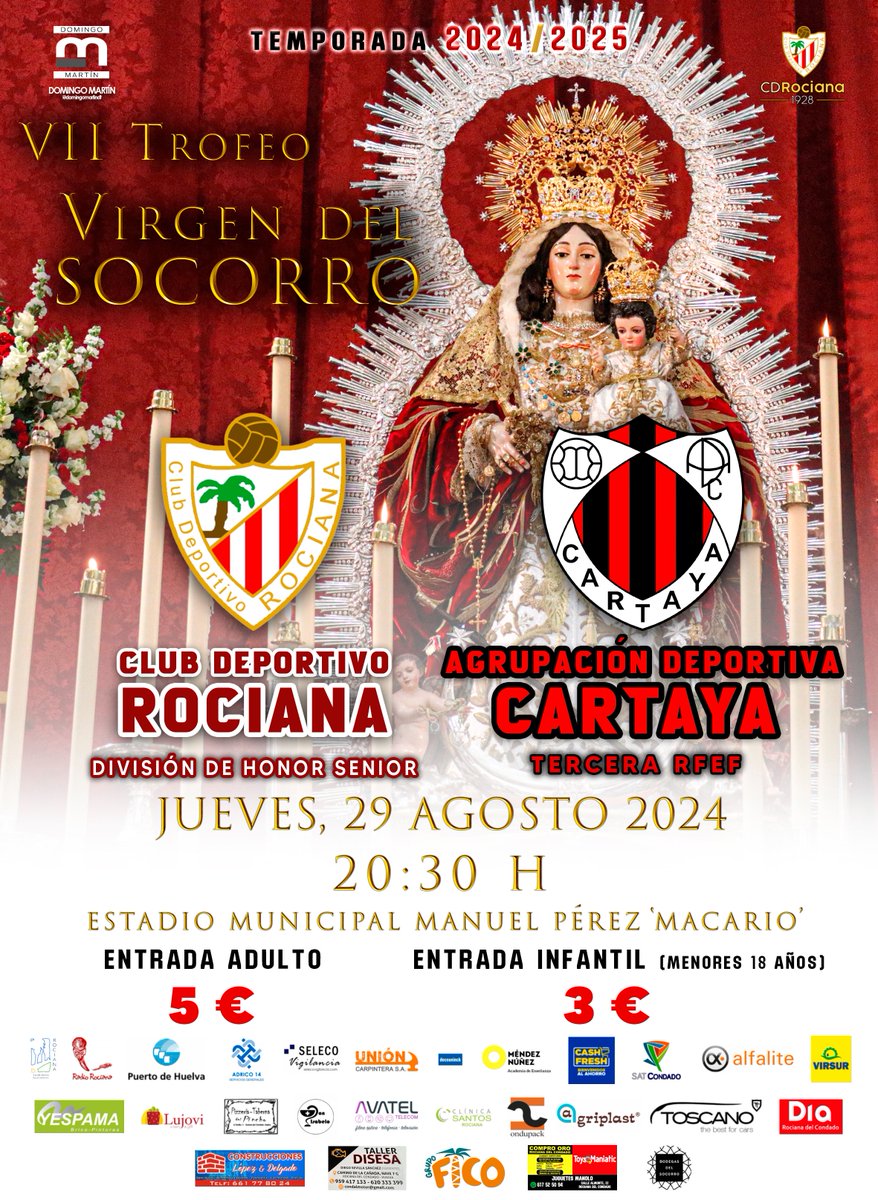 📣 Este jueves tendremos una nueva edición del Trofeo Virgen del Socorro

🏆 VII Trofeo Virgen del Socorro
📆 Jueves 29 Agosto
🕣 20:30 h
🏟️ Manuel Pérez 'Macario'

⚽️ <a href="/CDRociana/">CDR</a> 🆚 <a href="/AD_Cartaya/">Agrupación Deportiva Cartaya</a>

#CDRociana
#CDRociana20242025