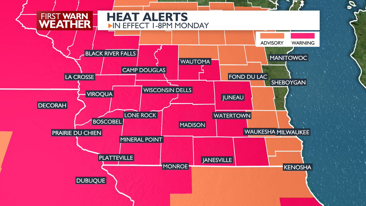 SavannaBritoWX's tweet photo. DANGEROUS HEAT: there is an Excessive Heat Warning in place for most of southern Wisconsin from 1-8pm Monday. Heat index values will reach 105-110. If you can stay out of the sun, do so. Make sure to drink a LOT of water/electrolytes. An Excessive Heat Watch is in place Tuesday. https://t.co/F48O3soGEx