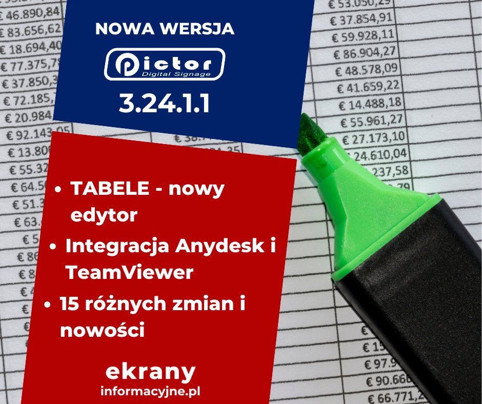 EkranyInfo's tweet photo. Dzisiaj została opublikowana nowa wersja Pictor Digital Signage 3.24.1.1 😁
A w niej wiele ciekawych zmian. Więcej informacji na stronie https://t.co/kYn6VbMdjj 🧐

#tabliceinformacyjne #tablicereklamowe #digitalsignage #ekranyinformacyjne  #reklamanamonitorach https://t.co/T2I4rbAGja