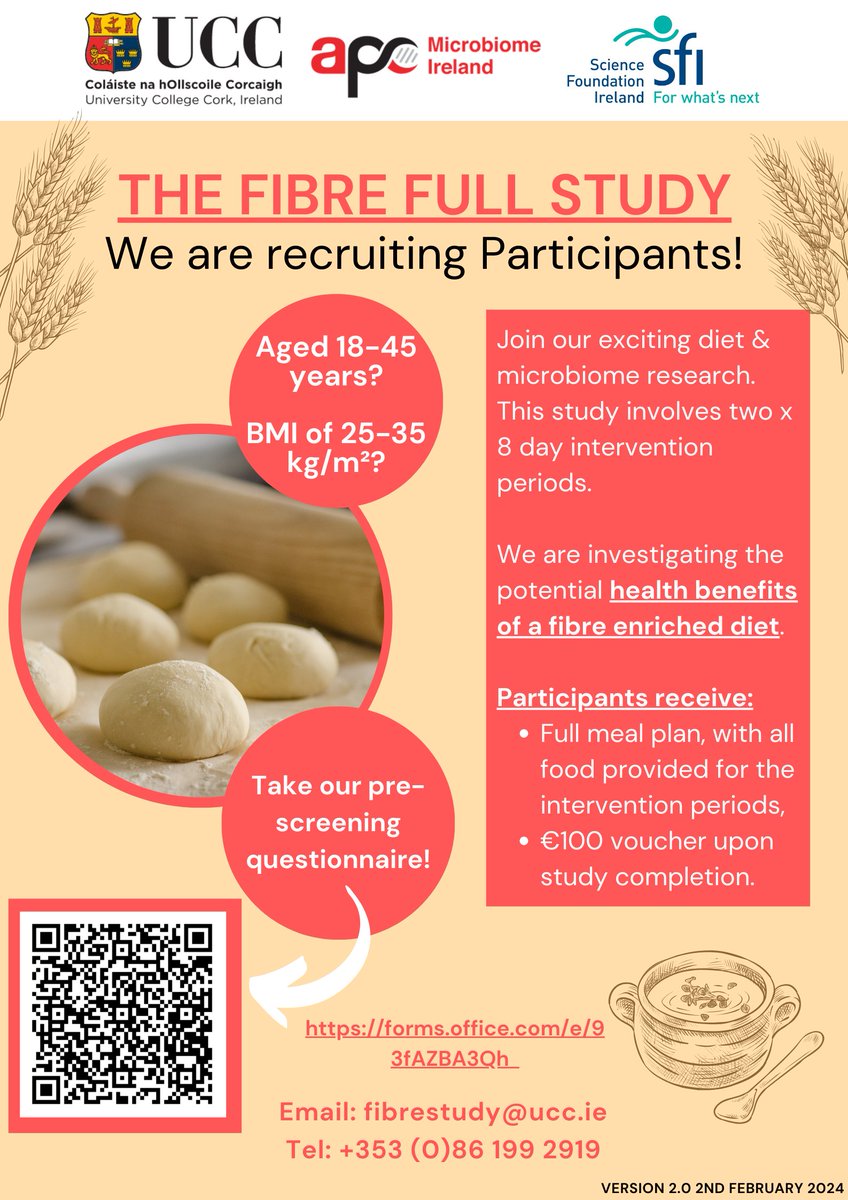 UCC School of Food and Nutritional Sciences (@fnsucc) on Twitter photo Interested in joining The Fibre Full Study?
Please take our pre-screening questionnaire to see if you are eligible to participate: forms.office.com/e/93fAZBA3Qh
Or contact the Study Team with any enquiries
Tel: 086 199 2919 or email: fibrestudy@ucc.ie Interested in joining The Fibre Full Study?
Please take our pre-screening questionnaire to see if you are eligible to participate: forms.office.com/e/93fAZBA3Qh
Or contact the Study Team with any enquiries
Tel: 086 199 2919 or email: fibrestudy@ucc.ie