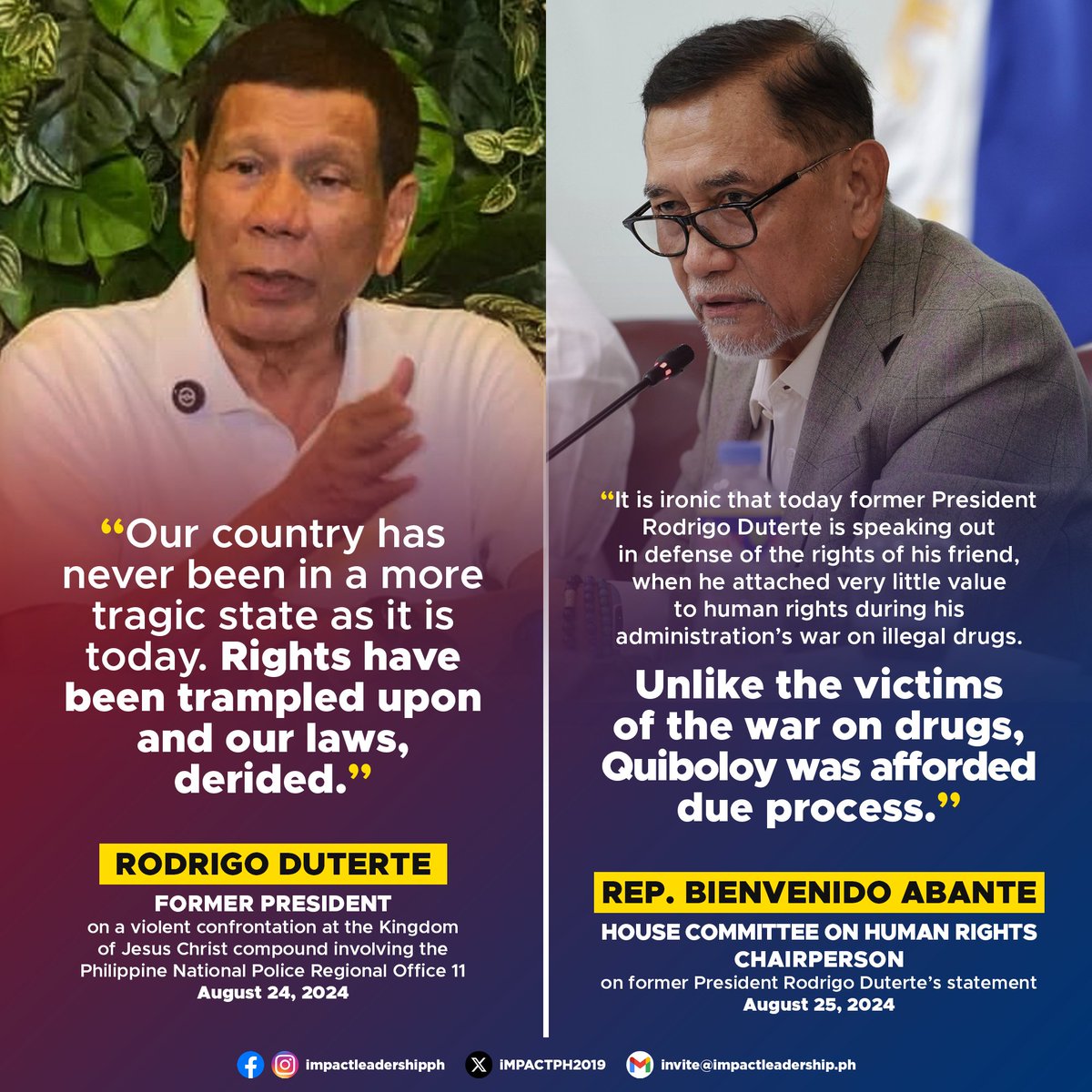 iMPACTPH2019's tweet photo. 'IT IS IRONIC'

Manila 6th District Rep. Bienvenido "Benny" Abante Jr. criticized former President Rodrigo Duterte's recent defense of his friend, fugitive Apollo Quiboloy, following a raid on the Kingdom of Jesus Christ compound to execute a valid arrest warrant for Quiboloy. https://t.co/hl2WZQFC2t