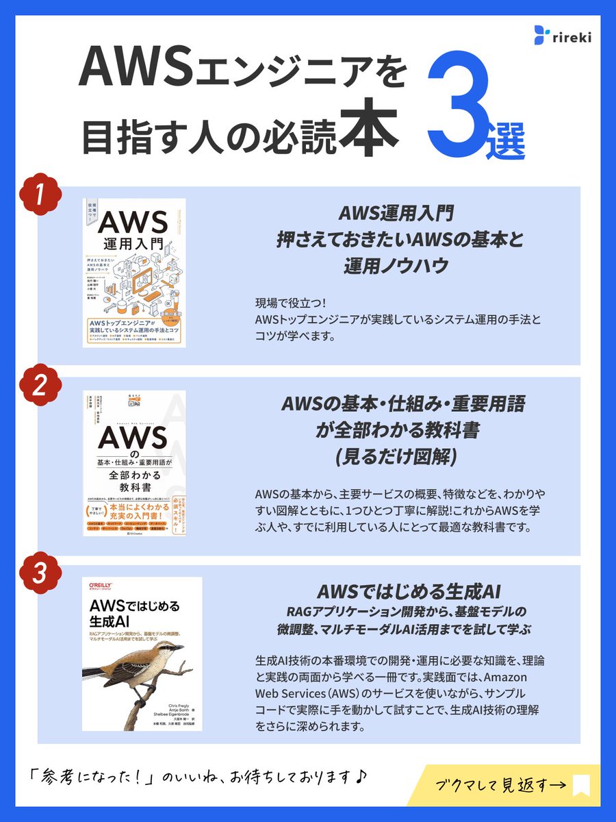 rireki_com's tweet photo. AWSエンジニアを目指すあなたへ！
おすすめの3冊でスキルアップさせよう📈

↓↓↓↓

1. AWS運用入門　押さえておきたいAWSの基本と運用ノウハウ

→「AWS運用マスターへの第一歩！基礎から応用までしっかり学べる1冊」

AWSをある程度使いこなせるようになったあなたへ。日々の運用で必ず役に立つ知識が満載です。
トラブルシューティングやコスト最適化など、
実践的な内容も豊富なので、より安定したシステム運用を目指せます。

ーーーー

2. AWSの基本・仕組み・重要用語が全部わかる教科書 (見るだけ図解)

→「図解で楽しく学ぶ！AWSの基礎知識をゼロからマスター」

AWSをこれから始める方へ。複雑なAWSの概念を、豊富な図解でわかりやすく解説。
難しい専門用語も、
イラスト付きなのでスッと頭に入ります。
AWSの全体像を掴みたい方におすすめです。

ーーーー

3. AWSではじめる生成AI RAGアプリケーション開発から、基盤モデルの微調整、マルチモーダルAI活用までを試して学ぶ

→「生成AI時代の最先端技術をAWSで体験！
未来のエンジニアへ」

最新のAI技術に興味がある方へ。
ChatGPTなどの生成AIをAWS上で開発・実装する方法を、実践的なコード例とともに解説。AIエンジニアへのキャリアアップを目指す方にもおすすめです。

ーーーー

興味のある本や、
もうすでに読んだことのある本
はありましたか？

ブクマして本屋さんへGO🏃‍♀️💨