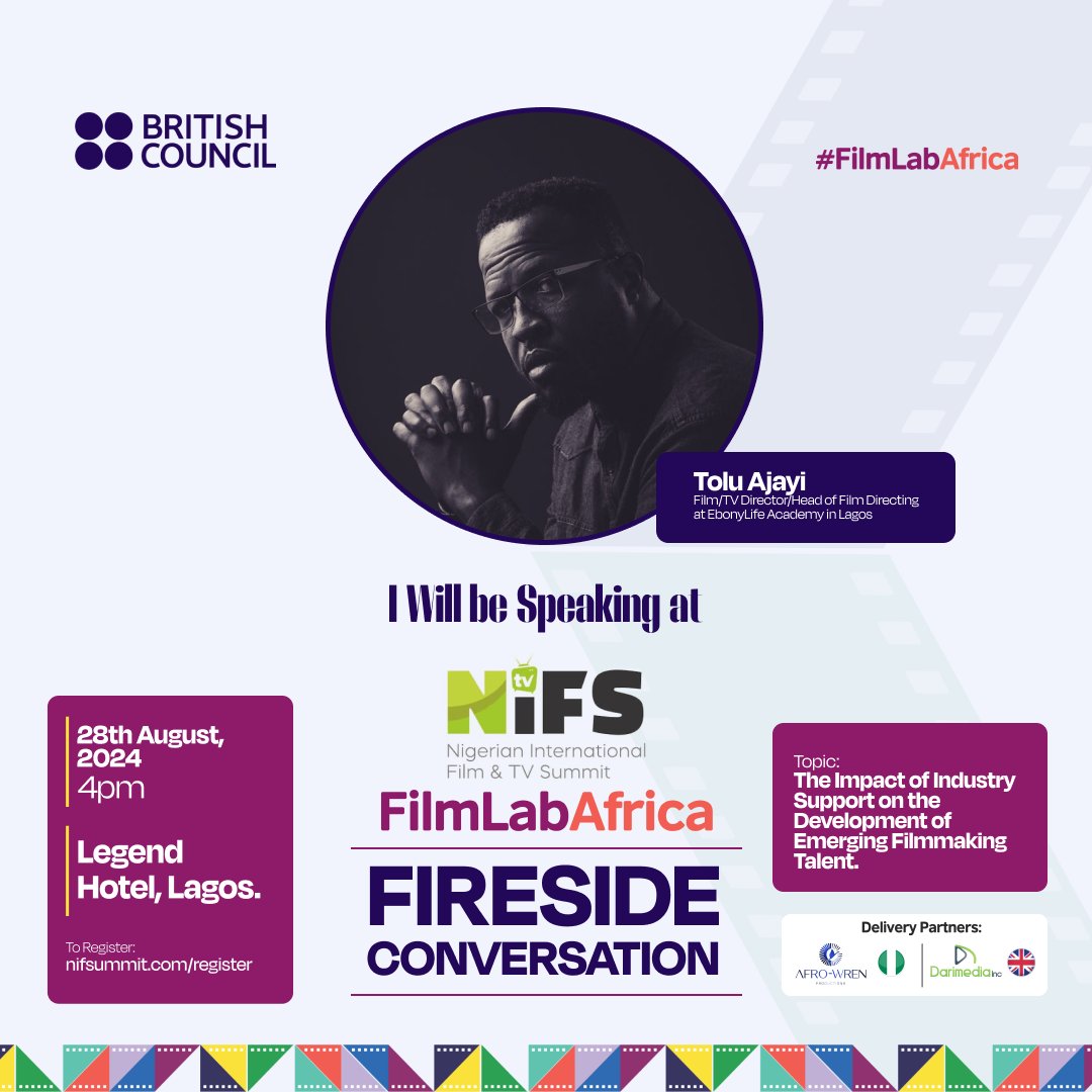 Film Lab Africa will be at the Nigerian International Film and TV Summit (NiFS) on Aug 28 hosting an insightful fireside conversation 'The Impact of Industry Support on the Development of Emerging Filmmaking Talent.' 

Register: nifsummit.com/register

#FilmLabAfrica #BCArtsSSA
