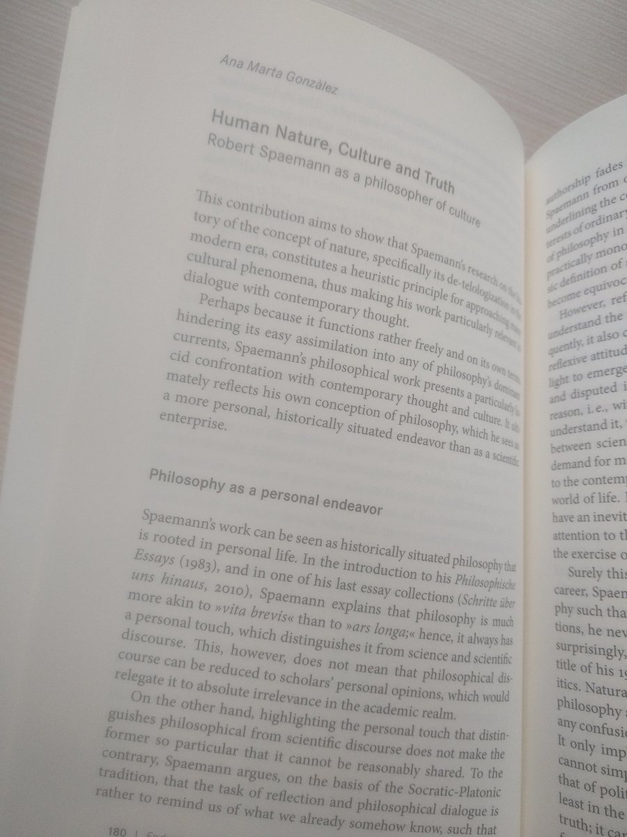 Se acaba de publicar  Spaemann's Philosophie (Thomas Buchheim &amp; Rolf Schönberger &amp; Walter Schweidler),Hamburg: Felix Meiner Verlag, donde tengo el capítulo González, A. M. 2024. "Human Nature, Culture and Truth. Robert Spaemann as a philosopher of Culture", 180-200.