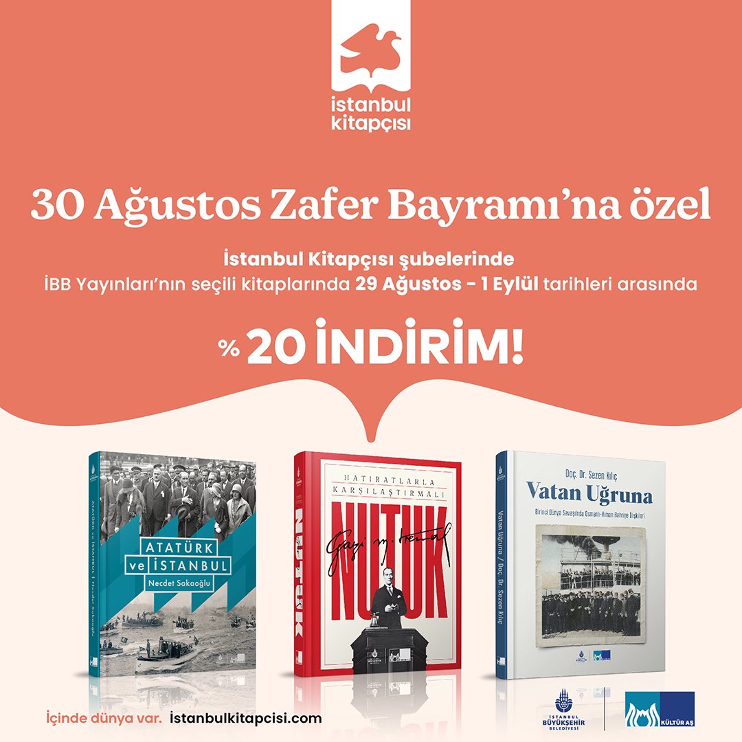 İstanbul Kitapçısı (@istkitapcisi) on Twitter photo 30 Ağustos Zafer Bayramı’na özel, İstanbul Kitapçısı şubelerinde <a href="/IBBYAYINLARI/">İBB YAYINLARI</a> ’nın seçili kitaplarında %20 indirim fırsatı sizleri bekliyor!🫶🏻
📚Kampanya, 28 Ağustos- 1Eylül tarihleri arasında geçerlidir. 30 Ağustos Zafer Bayramı’na özel, İstanbul Kitapçısı şubelerinde <a href="/IBBYAYINLARI/">İBB YAYINLARI</a> ’nın seçili kitaplarında %20 indirim fırsatı sizleri bekliyor!🫶🏻
📚Kampanya, 28 Ağustos- 1Eylül tarihleri arasında geçerlidir.