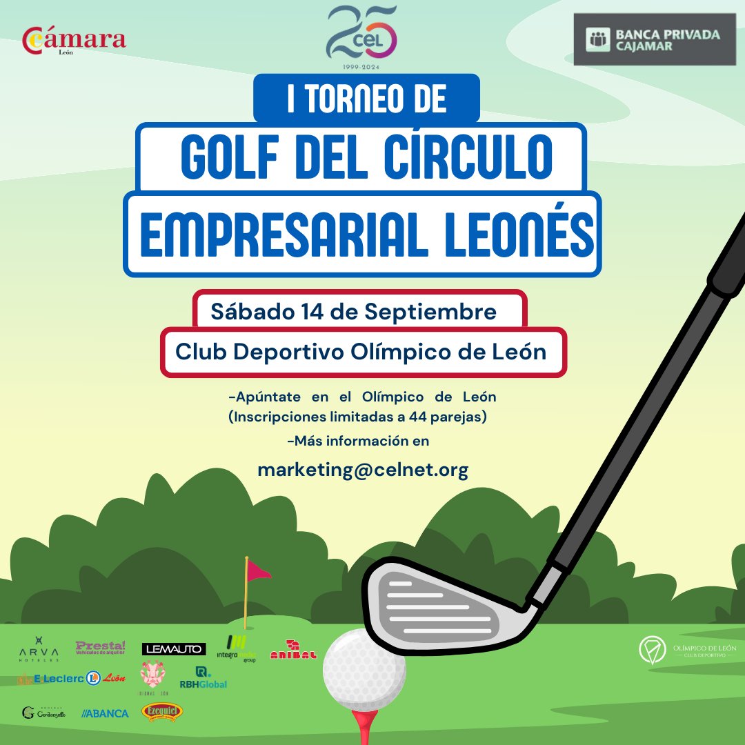 cel_leon's tweet photo. ⛳ ¡Nuestro Torneo de Golf sigue creciendo! Damos la bienvenida a nuestros nuevos patrocinadores: @Leclerc 
¡Gracias por uniros a esta gran celebración del 25 aniversario del CEL!   ¡Inscríbete y participa! https://t.co/XTs9LiJQq2