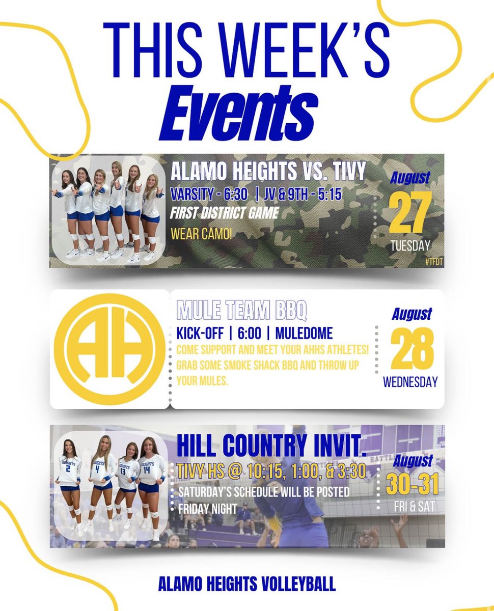 Another big week for AHVB. Show up! Be Loud! District Opener this Tuesday. See ya at the Mule Dome!