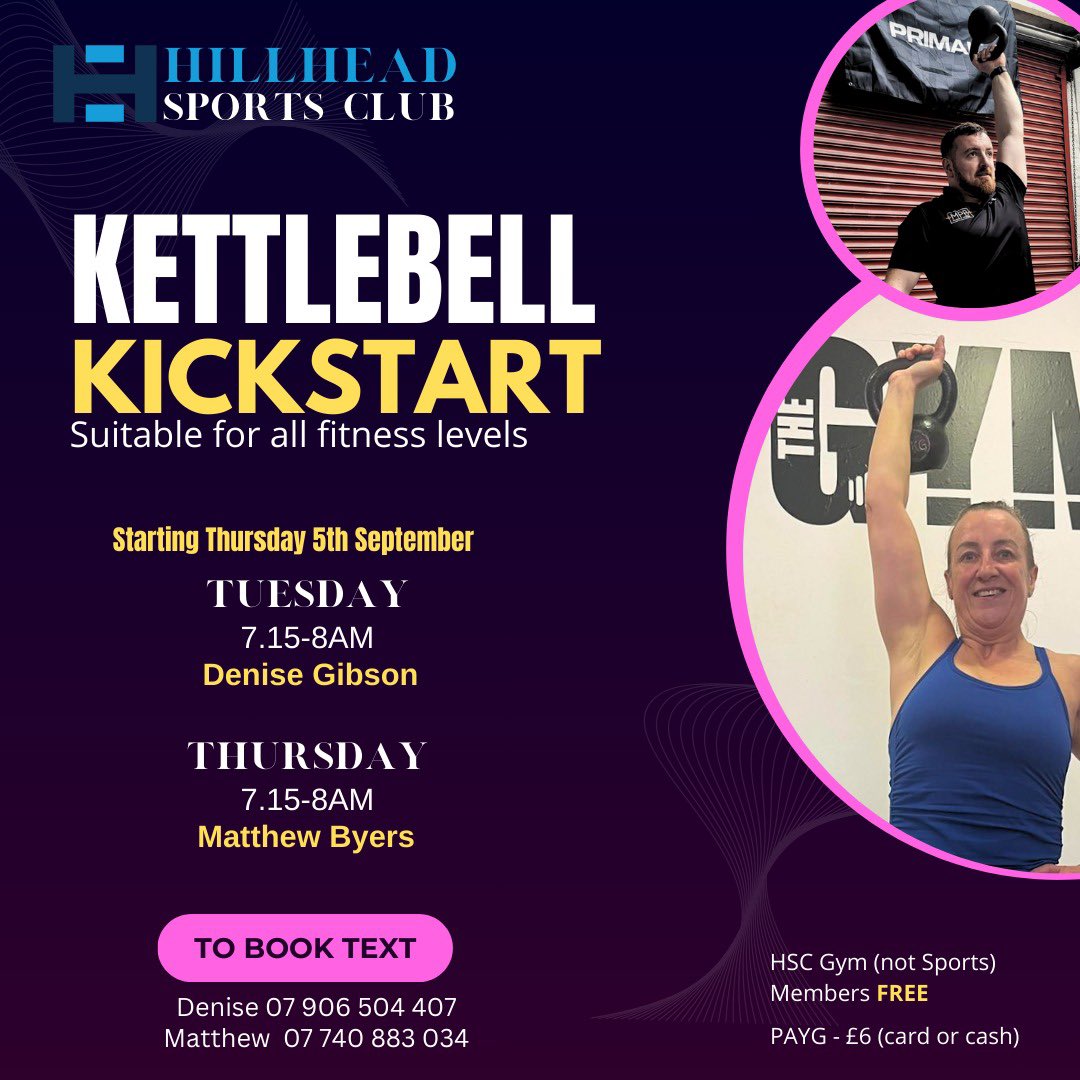 HSC Gym PTs Denise &amp; Matthew launch early AM Kettlebell classes every Tues &amp; Thurs at 7:15am from 5th Sept!
 
Kettlebells offer highly effective, full body workouts. Classes are fun, motivational &amp; suitable for all fitness levels

The classes will be free to Gym members &amp; £6 PAYG