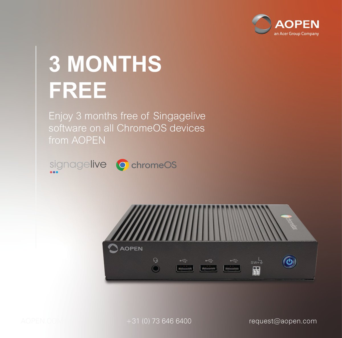 We're excited to offer you a chance to expand your experience with our AOPEN ChromeOS devices. Enjoy three months of free software through our partnership with <a href="/Signagelive/">Signagelive</a>
Publish, schedule, manage, and more. Claim now for any ChromeOS AOPEN device at: lnkd.in/ebVVxinv