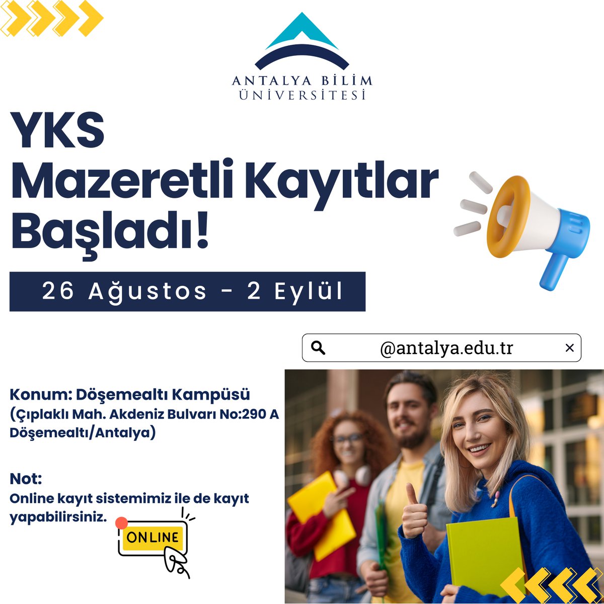 YKS Mazeretli Kayıtlar Başladı!
YÖK tarafından öğrencilere, 26 Ağustos - 2 Eylül  tarihleri arasında kayıtlarını tamamlamaları için fırsat tanındı.
Online Kayıt  Linki; onlinekayit.antalya.edu.tr
#antalyabilimüniversitesi #biliminışığında #yks2024
<a href="/SemihEkercin/">Prof. Dr. Semih EKERCİN</a>