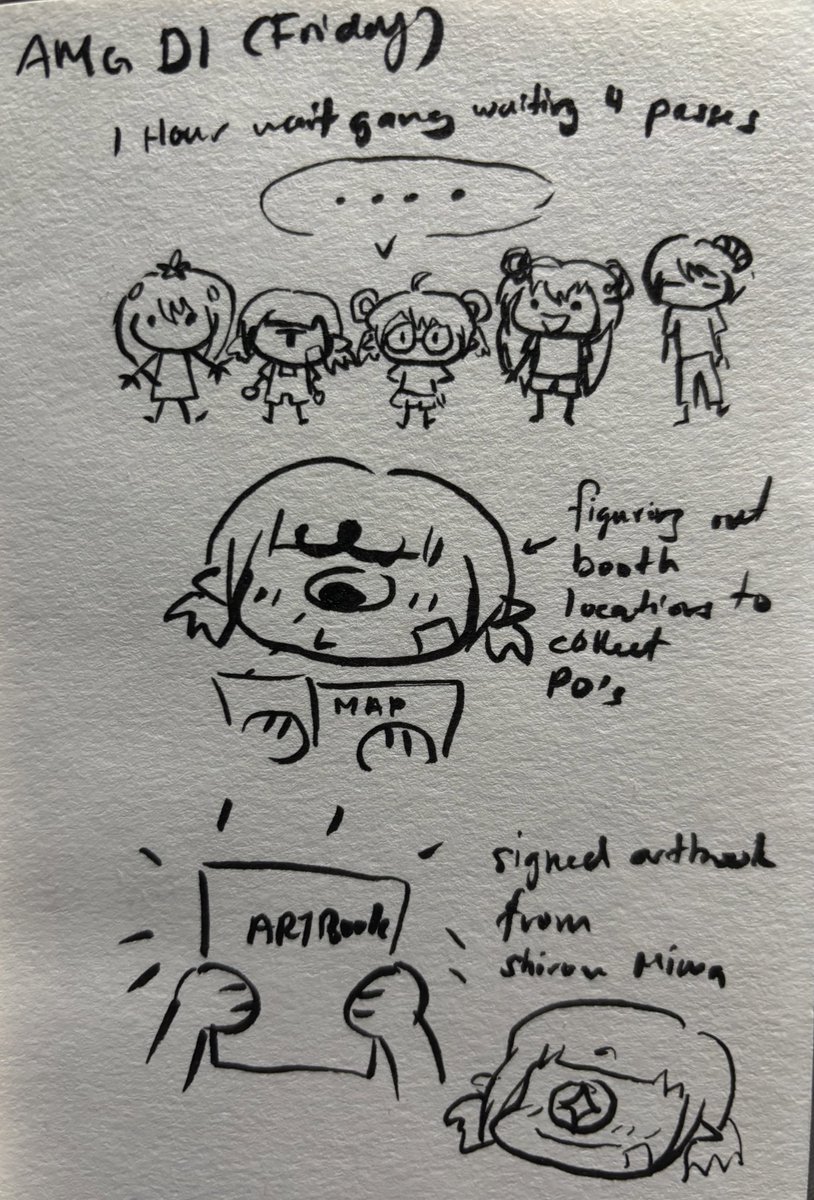 cubecat3's tweet photo. Day 1 (Friday) doodle of what I could remember.

Loitered for an hour+ due to lack of passes 😂

Also a splurge on getting an artbook to find out it’s Tourabu related and getting it signed !! 

#Animangaki2024 #AMGVTuberAlley #aikadeart https://t.co/s5z2VYtQWX