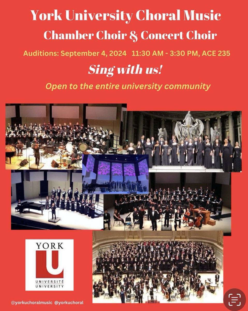 Don’t miss out on your chance to sing with the York U Choral Ensembles this year! Exciting and diverse music, thrilling concerts &amp; an opportunity to perform in Carnegie Hall in New York City! Auditions on Wed., Sept. 4, 2024, at 11:30 AM.
<a href="/YorkUMusic/">YorkU Music</a> <a href="/YorkUnews/">York University News</a> <a href="/YorkUFGS/">YorkU Grad Studies</a>