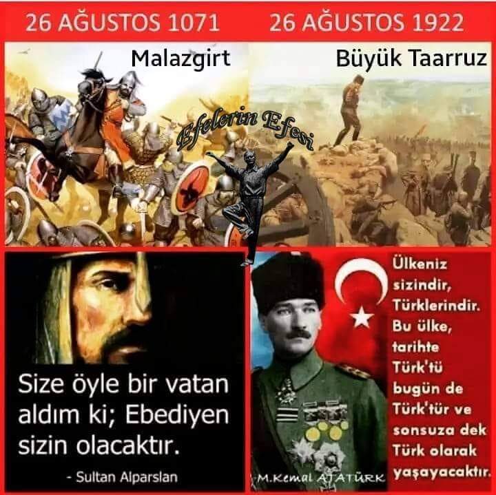 BaskentDernegi's tweet photo. 26 Ağustos 1071 Malazgirt Zaferi ile Anadolu’ya giren Türkler, yine bir 26 Ağustos günü başlayan Büyük Taarruz ile Anadolu’nun sonsuza kadar Türk yurdu kalacağını tüm dünyaya ilan etti. Malazgirt Zaferi’nin 953. yaşını, Büyük Taarruz ’un da 102. Yılı kutlu olsun 🇹🇷🇹🇷 https://t.co/F7fLXKNQVv