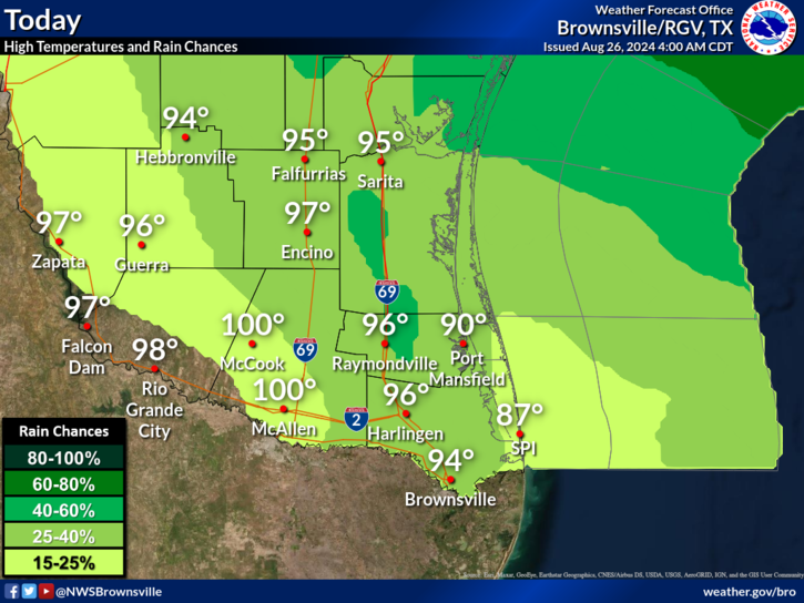 NWSBrownsville's tweet photo. High temperatures and rain chances for today. #txwx #spi #RGV https://t.co/9AcXlQalHu