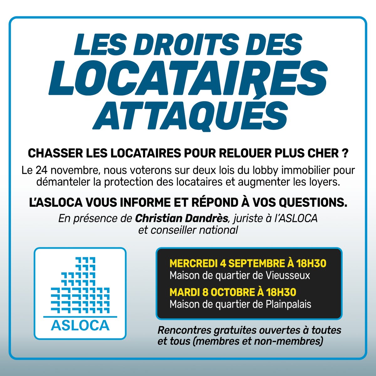 ASLOCA_Geneve's tweet image. LOGEMENT: Comment se défendre face à la hausse des loyers et des charges? Comment les milieux immobiliers attaquent la protection des locataires? L'Asloca répond à vos questions et organise plusieurs rencontres gratuites à Genève. En présence de @ch_dandres