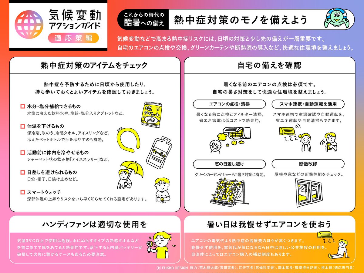 ■気候変動“適応”アクションガイド■

記録的な酷暑☀

気候変動で熱中症リスクが
かつてなく高まっています⤴

#気候変動アクションガイド
初の「適応策編」で
熱中症対策をまとめました

✅高リスクの環境は
✅無理なく続ける日常の対策
✅様々な対策アイテム

制作経緯は👇
note.com/fukko_design/n…