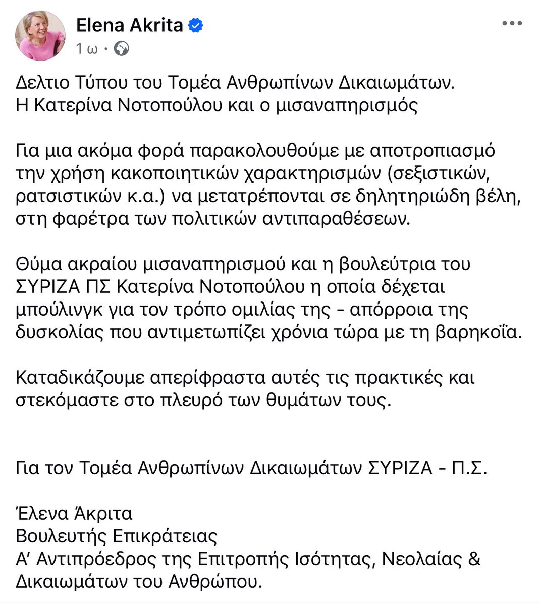 Η Έλενα Ακρίτα καταδικάζει τα προεδρικά νταλαούρια και το σάπιο σύστημα που διαχέει τοξικοτητα στα σοσιαλ μίντια.