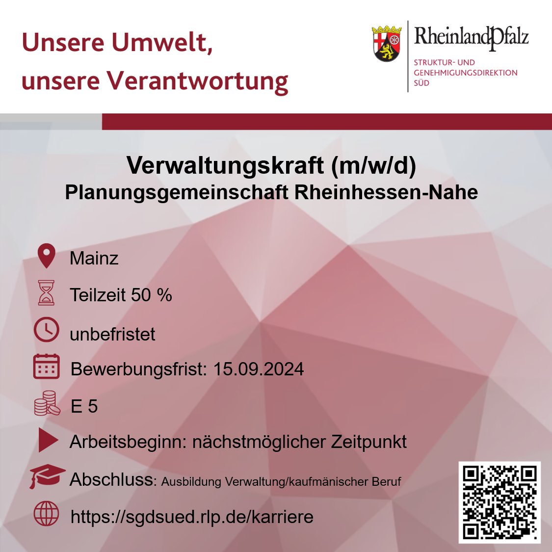 🌿Unsere Umwelt, unsere Verantwortung🌿
s.rlp.de/VtoaC
#Karriere #Jobs #Stellenangebot #DualesStudium
#Umweltbehörde #Immissionsschutz #Windenergie #Gewässergüte #Bodenschutz #Naturschutz
Verstärken Sie das Team von Präsident Prof. Dr. <a href="/HannesKopf/">Hannes Kopf</a>