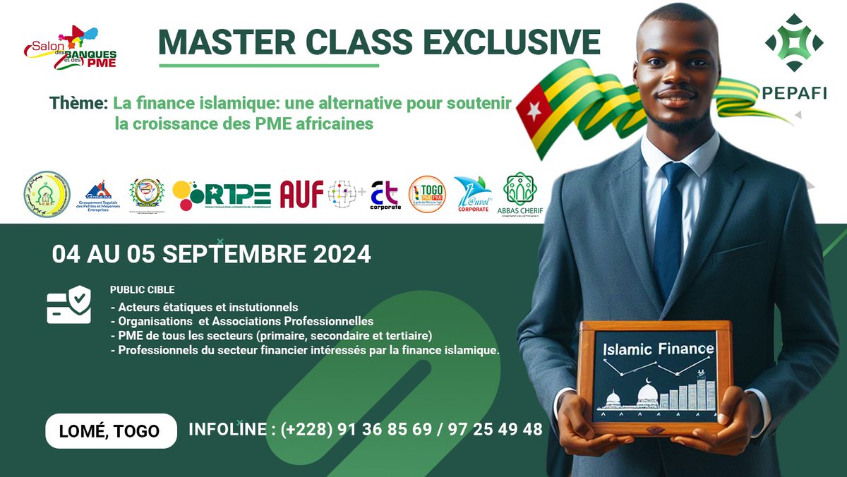 IslamicFinance6's tweet photo. LA FINANCE ISLAMIQUE, UNE ALTERNATIVE POUR SOUTENIR LA CROISSANCE DES PME AFRICAINES

Dates : 03 - 04 septembre 2024
Lieu : Lomé
Durée : Deux demi-journées
Inscrivez-vous dès maintenant
https://t.co/vw0oC7sKfz
@isdb_group  
@IFN_news 
@AMF_UMOA 
@BCEAO_Officiel 
@BRVM_UEMOA https://t.co/h8CJeRgZHW