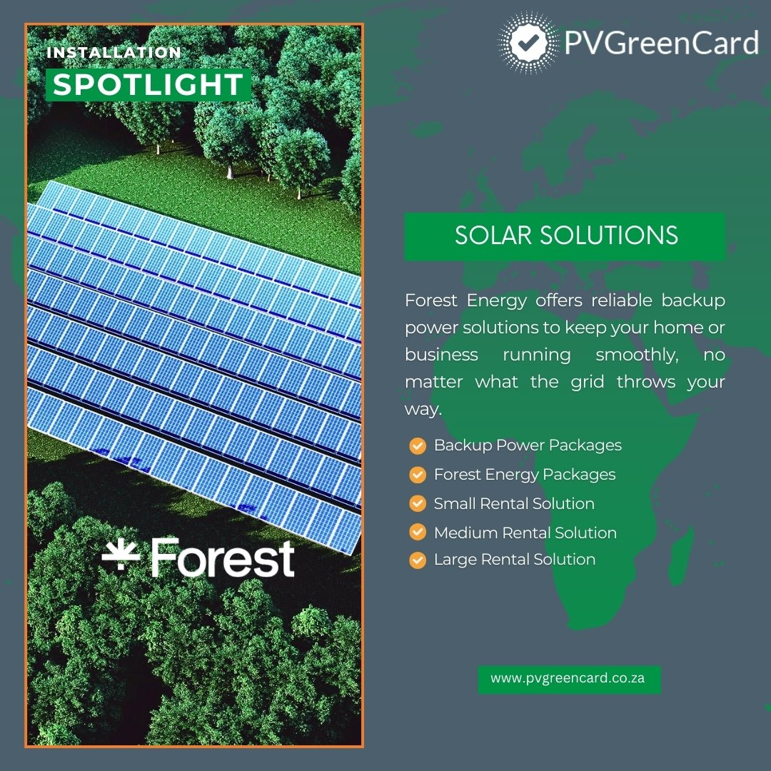 Installation Company Spotlight: Power Through Outages with Forest Energy! ☀️

For more information, visit: forestenergy.co.za

#PVGreenCard #SolarInsatallations #QualityAssurance #sapvia