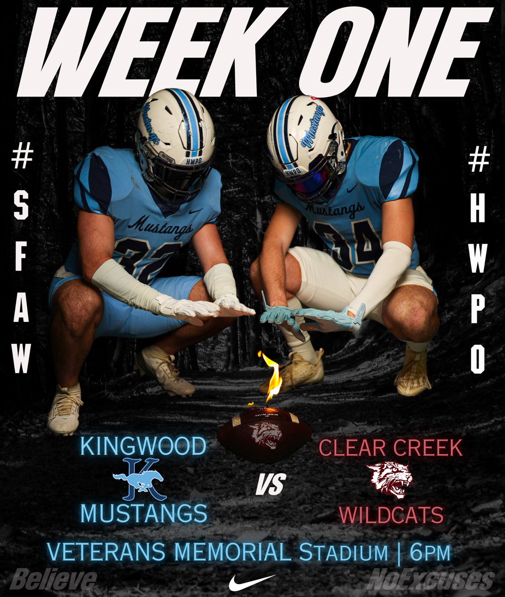 Come get warm by the camp fire this Thursday as YOUR Kingwood Mustangs take on the Clear Creak Wildcats! 

#SFAW #HWPO #NoExcuses #Believe #BTA #KingwoodALLIN