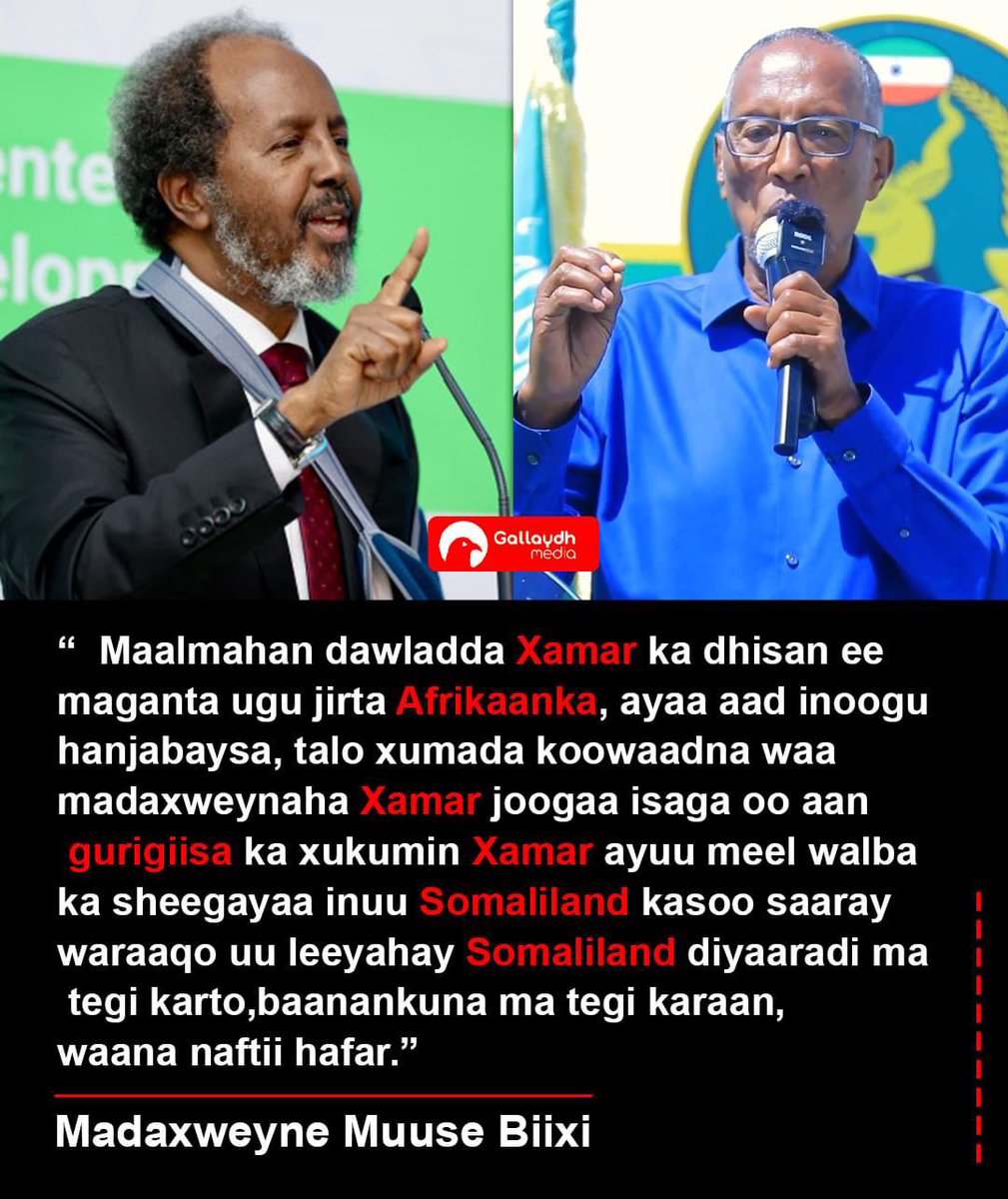 Hassangallaydh's tweet image. “Maalmahan dawladda #Xamar ka dhisan ee maganta ugu jirta Afrikaanka, ayaa aad inoogu hanjabaysa, talo xumada koowaadna waa madaxweynaha Xamar joogaa isaga oo aan gurigiisa ka xukumin Xamar ayuu meel walba ka sheegayaa inuu #Somaliland kasoo saaray waraaqo uu leeyahay Somaliland