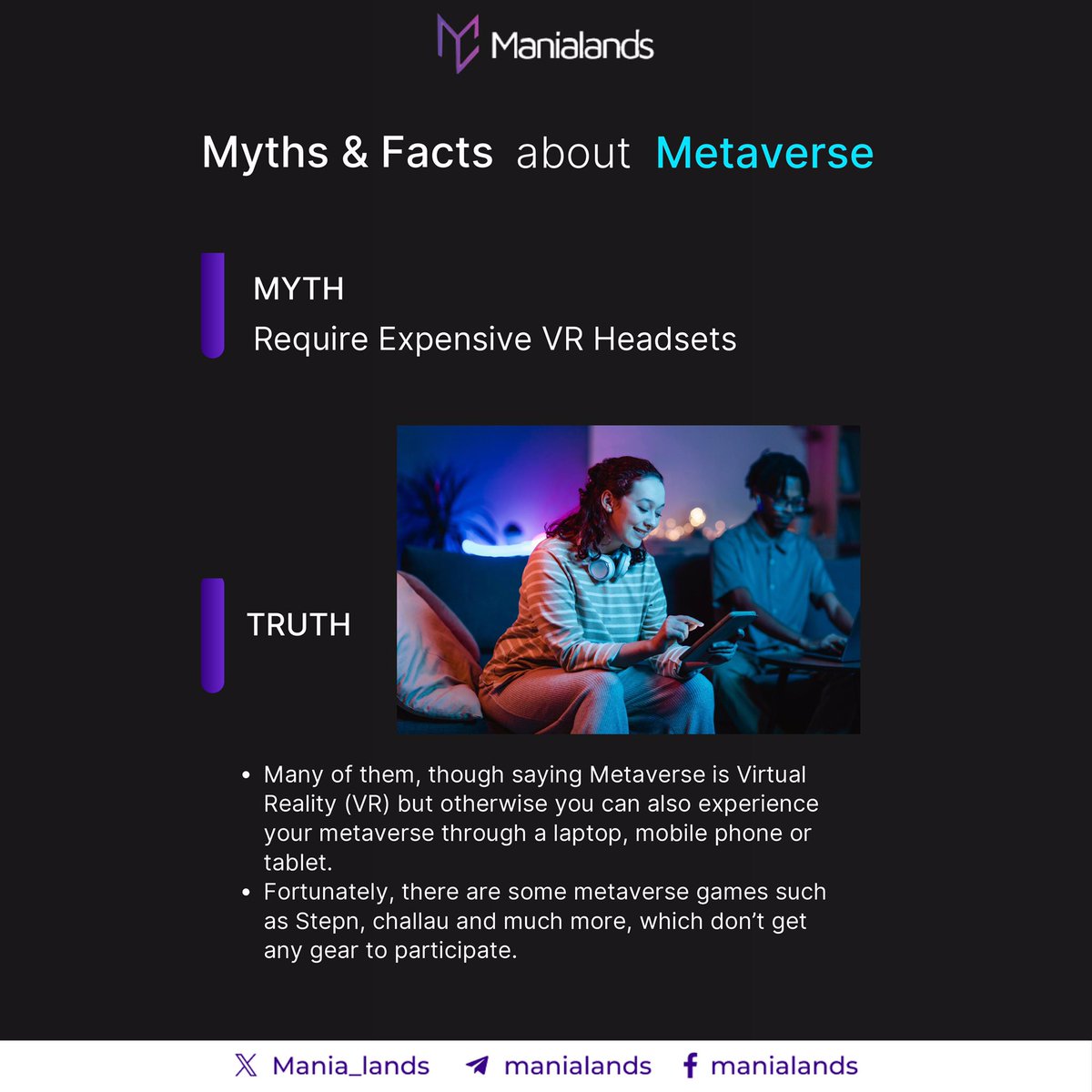Mania_lands's tweet photo. 💡 Myths vs. Facts 💡

Myth: The metaverse requires an expensive setup. ❌
 Fact: You can dive into the metaverse with just your laptop, mobile, or tablet! 🌍✨ 

Experience the future of digital interaction from wherever you are.

#Manialands #MetaverseFacts #DigitalFuture https://t.co/yuhGyrePpd