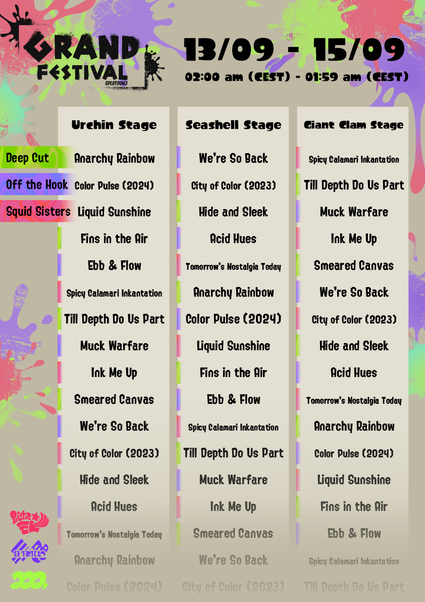 NintendoEurope's tweet photo. "Frye here with a BIG scoop! We got the Grand Festival set list for you. During the first part, all three groups will rotate between the three stages. And in the second part, the whole Now or Never Seven will put on a special performance! Don't miss it!" - Frye https://t.co/6QMABUdoL8