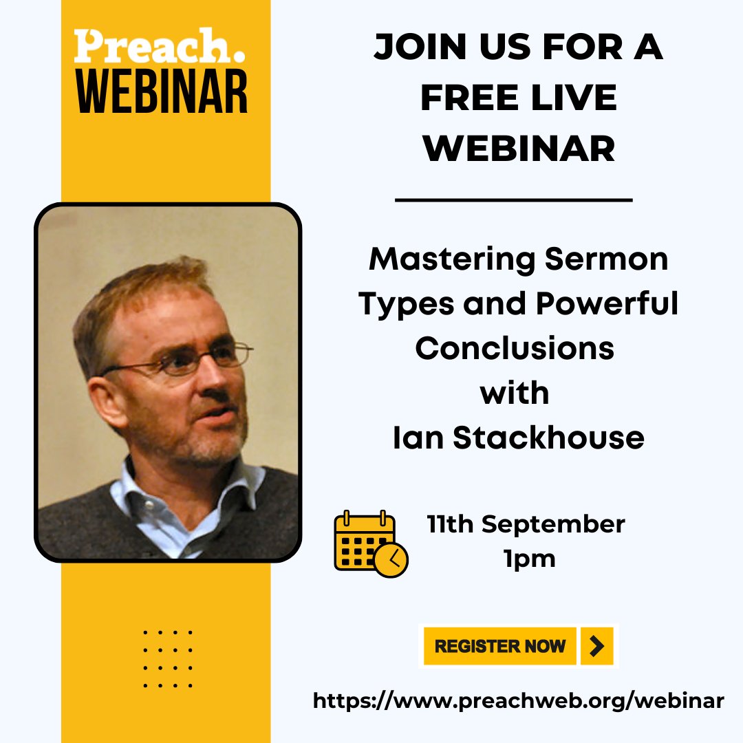 PreachMagazine's tweet photo. ๐ข Join us on 11th September for our Preaching Webinar with Ian Stackhouse. Ian will be sharing valuable insights and practical advice to help you enhance your sermon-writing skills and deliver more compelling messages.
๐https://t.co/IgY8p3QBDz
#PreachWebinar #SermonWriting https://t.co/WuCFMXIBIc