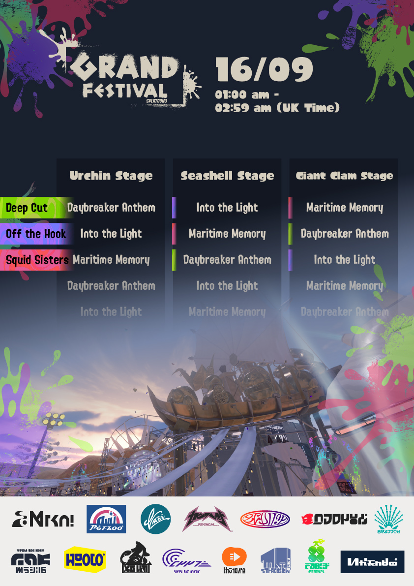"Frye here with a BIG scoop! We got the Grand Festival set list for you. During the first part, all three groups will rotate between the three stages. And in the second part, the whole Now or Never Seven will put on a special performance! Don't miss it!" - Frye